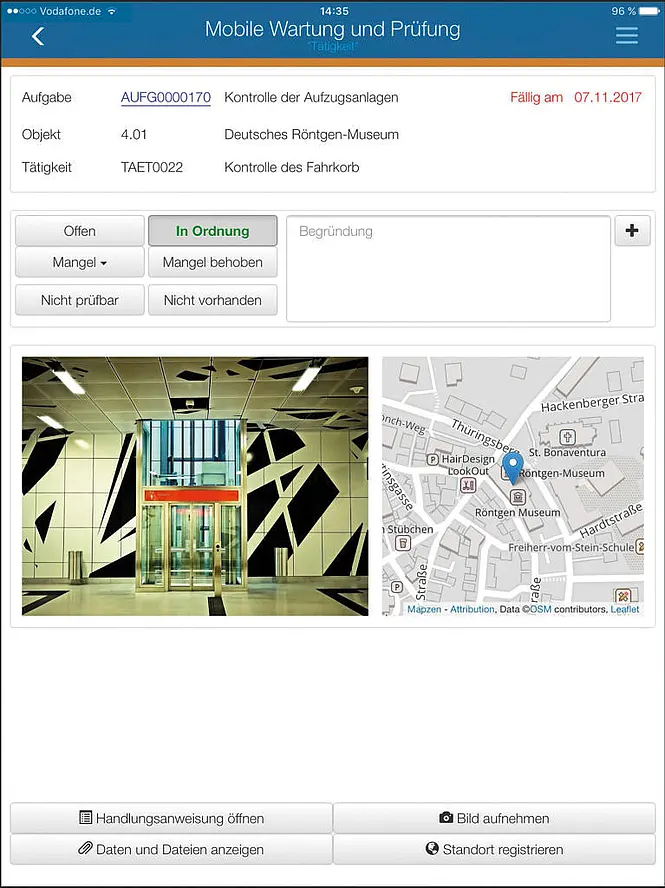 Detailansicht einer Tätigkeit in der App MWP