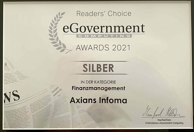 eGovernment Award 2021: Axians Infoma gewinnt Silber im Bereich Finanz-Management