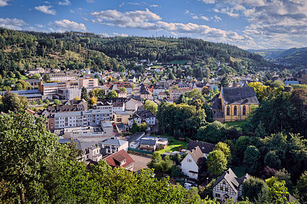 panoramic view of the eifel town of Schleiden with the 16th century castle church in late september 2023