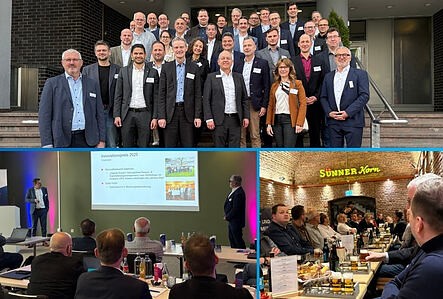 Collage aus Gruppenfoto, Vortragsszene und Eindruck der Abendveranstaltung in der Brauwelt beim Partnergroup Strategie- und Managementmeeting 2026 in Köln