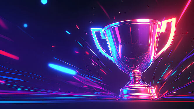 Moderner Award-Pokal in Blau mit futuristischem, technologischen Design
