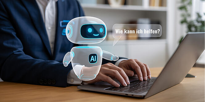 Geschäftsmann interagiert mit einem KI‑Roboter über einen Laptop in einem modernen Büro