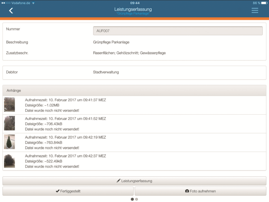 Auftrag mit Foto-Dokumentation in der App Mobile Datenerfassung